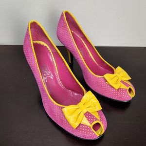 JEFFREY CAMPBELL "Gabsy" pink & yellow peep toe heels